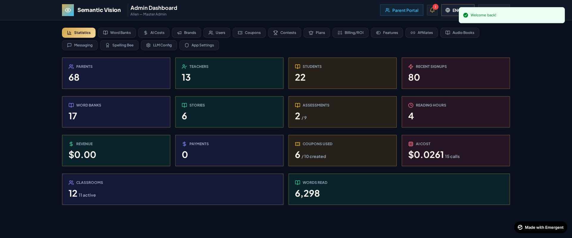 Semantic Vision · Admin Statistics Dashboard